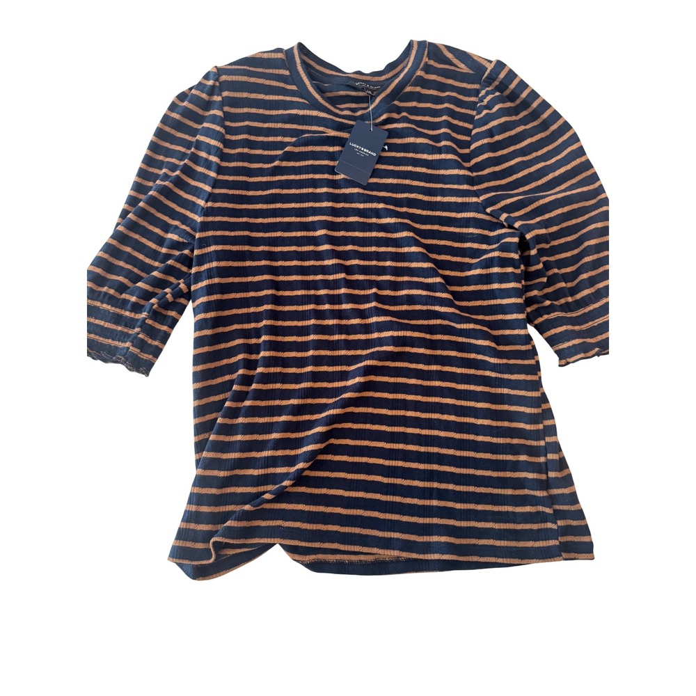 Lucky Brand Navy Orange Striped Puff Sleeve Pointelle Knit Top NWT Large